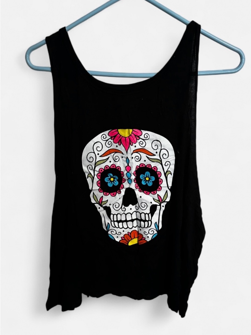 Junior Black Sugar Skull Graphic Tank Top with Colorful Floral Accents